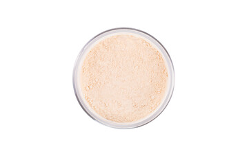 Top down view of translucent loose powder isolated on white background.