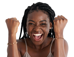 Joyful woman with braided hair and fists raised in celebration
