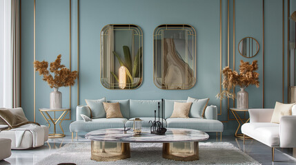 Luxury hotel room interior with modern living area and table