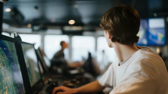 A maritime cartographer studying sonar data aboard a research vessel, ocean floor ridges appearing as 3D terrain models on the screen &mdash; underwater mapping, marine geography, and advanced
