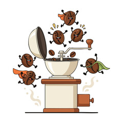 Energetic coffee beans humorously interacting with a classic hand grinder for a fun beverage illustration