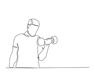 One continuous line drawing of man workout using barbell. Man training in sport gymnasium outline drawing illustration.