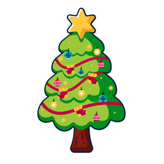 Festive Elegance: The cartoon Christmas tree, adorned with shimmering ornaments, exudes the spirit of the season. A radiant star crowns its peak. 