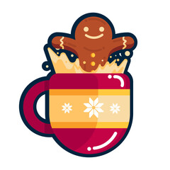 Gingerbread Man in a Cozy Mug: A whimsical illustration features a cheerful gingerbread man nestled in a warm, inviting mug. the scene emanates comfort, joy, and the essence of the holidays.