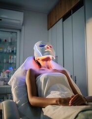 Beautiful young woman getting a led light therapy mask treatment for her face