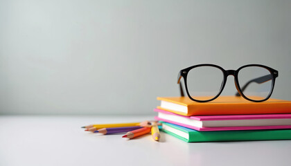 Stack of colorful books with pencils and glasses on white table surface. Back to school concept. Knowledge and education symbol. Learning materials for study.