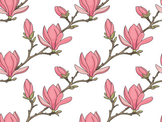 Seamless Pattern of Hand Drawn Pink Magnolia Flowers and Branches