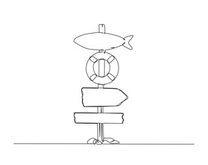 One continuous line drawing of road direction sign boards. Wooden sign board outline drawing illustration.