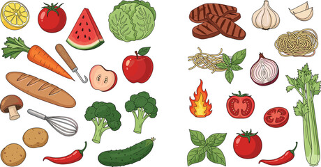 Hand Drawn Food Ingredients Vector Illustration Set Featuring Fresh Fruits, Vegetables, Herbs, Bread, Pasta, and Cooking Elements for Recipe, Menu, and Culinary Design Projects