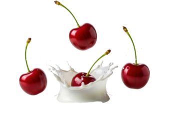 Hyper-detailed macro photo capturing three glossy ruby-red cherries plunging into opaque milk, creating a sharp symmetrical crown splash on a transparent background. Concept for premium food