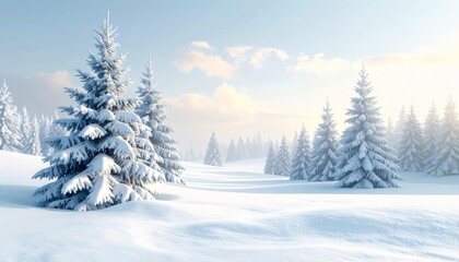 Obraz premium Snow-covered pine forest in winter with soft morning sunlight and clear sky, creating a peaceful, clean, and beautiful natural winter landscape.