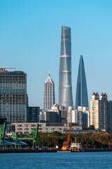 The skyline of the three tallest skyscrapers in downtown Shanghai