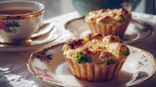 Close-up of two small, savory broccoli and cheese quiches/tarts, served on ornate vintage china plates with gold rims. A porcelain teacup and saucer sit behind, lit by warm morning sunlight - Powered by Adobe