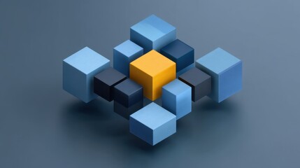 Obraz premium Abstract Geometry Concept with Blue and Yellow Cubes Arranged in Creative Formation on Elegant Background for Modern Design Projects
