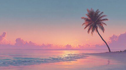 Obraz premium Serene Beach Sunset with a Palm Tree Silhouette. The sky is painted with vibrant hues, reflecting on the calm water, creating a tranquil ambiance.
