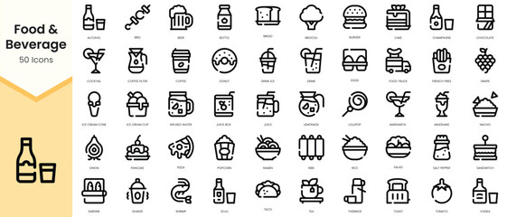 Set of food and beverage icons. Simple line art style icons pack. Vector illustration