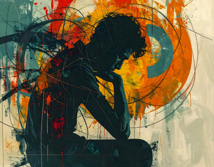 Fototapeta premium Contemplative silhouette: A lone figure sits in deep contemplation against a backdrop of abstract design, evoking introspection and thought.