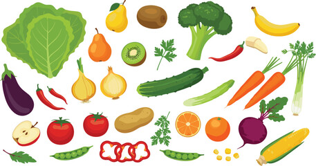 Fresh Fruits and Vegetables Vector Illustration Set Featuring Organic Produce, Garden Harvest, and Healthy Food Ingredients for Cooking, Nutrition, and Grocery Design Projects