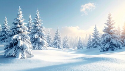 Fototapeta premium Snow-covered pine forest in winter with soft morning sunlight and clear sky, creating a peaceful, clean, and beautiful natural winter landscape.