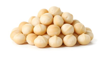A luxurious pile of whole, creamy-white macadamia nuts, known for their high-fat content and smooth texture, on pure white.