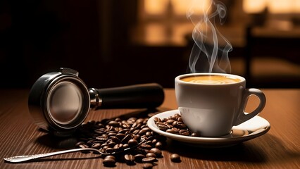 Steaming cup of coffee with beans and espresso machine