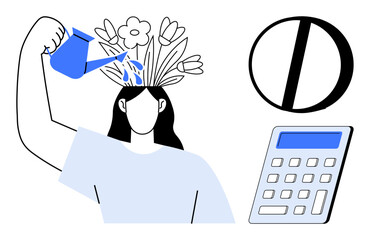 Personal growth, productivity, mental wellness, creativity, time management, education. Woman watering plants growing from her head, calculator nearby. Mental wellness and personal growth idea