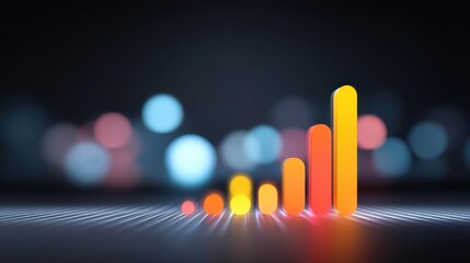 Colorful 3D Bar Graph Displaying Positive Growth Trends Against a Blurred Background with Bokeh Lights in Business Analysis Concept