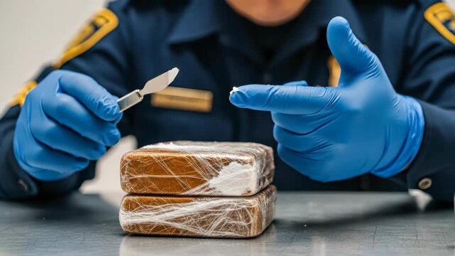 Criminal investigator examines a seized brick with white powder using a blade, symbolizing drug interdiction and forensic analysis