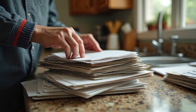 Hands sort large pile of letters and envelopes on a kitchen counter near sink and window. Person reviewing mail, bills, and correspondence at home.