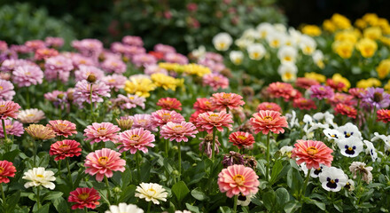 Fototapeta premium A Vibrant Field of Colorful Zinnia Flowers Blooming in Full Glory Under the Sunlight