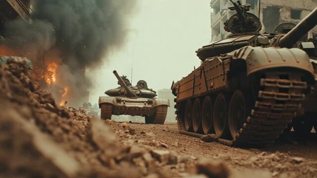 Tanks advancing through war-torn terrain with burning debris and smoke in the foreground, captured in a dramatic low-angle shot, referencing footage (3).mp4