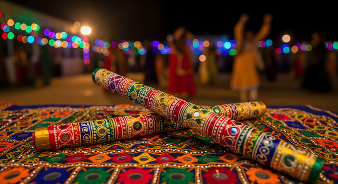 Colorful Decorated Sticks for Dandiya Raas Dance and Celebration at Night
