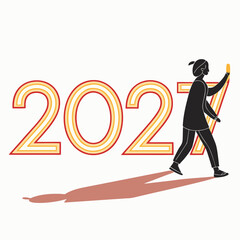 Of person writing 2027 with fiery light digits numbers