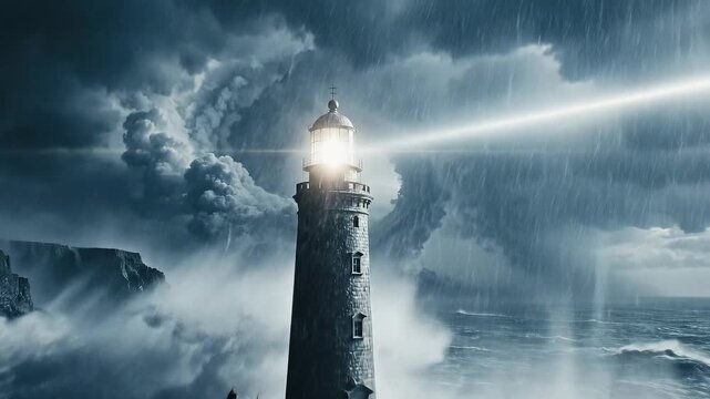 Dramatic lighthouse standing strong against a stormy sea with heavy rain and dark clouds. Symbolizes guidance and safety in turbulent conditions