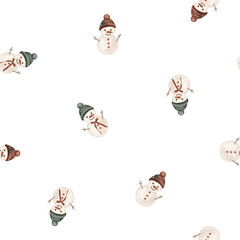 Seamless pattern with illustration snowman in the green and red hat. Hand drawing sketch on white isolated background. Repeat ornament with Snowman with red buttons for Christmas or New years design.