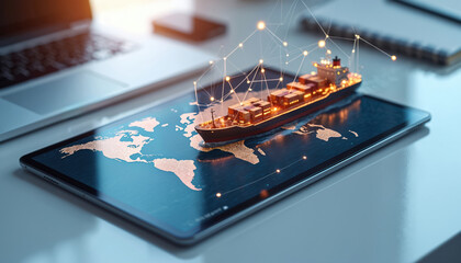 Container ship travels across digital world map on tablet screen. Futuristic global logistics network shows connections and data points. Laptop and notebook visible.