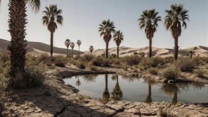 Desert Oasis with Palm Trees and Reflecting Pool.