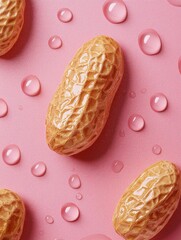 beans concept. Peanuts on a pink surface with droplets, creating a playful and visually appealing composition.