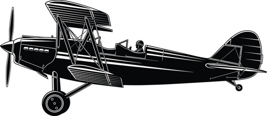 Vintage biplane aircraft illustration, classic propeller airplane silhouette, retro aviation vector art, pilot flying historic airplane, monochrome design, isolated background © MstMoksada