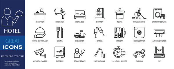 Set of icons for hotel. Editable stroke. Vector illustration	