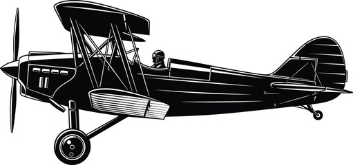 Vintage biplane aircraft silhouette, classic propeller airplane illustration, retro aviation vector art, pilot flying historic aircraft, monochrome isolated white background © MstMoksada