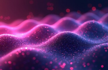 Abstract wavy pattern with purple and pink glowing particles. Futuristic digital landscape with bokeh lights. Vibrant energy flow in dark background.