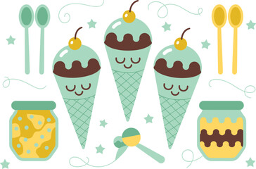 Cute ice cream characters illustration, kawaii dessert cones with chocolate topping, pastel sweet treats, kids friendly flat vector design