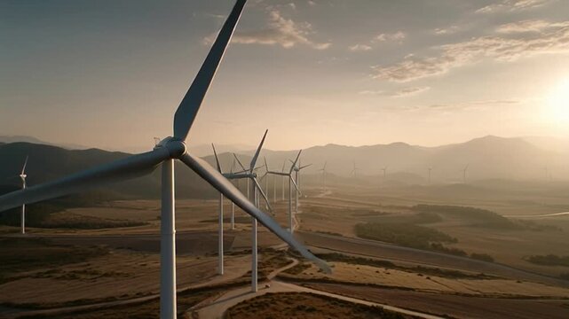 Renewable energy power generation with wind turbines in a rural landscape at sunset, sustainable technology for a greener future