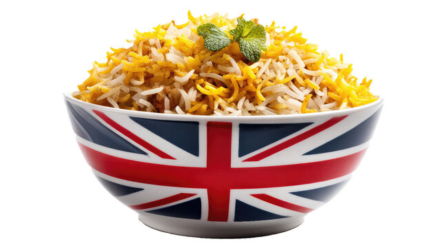 Traditional biryani served in bowl with British flag design