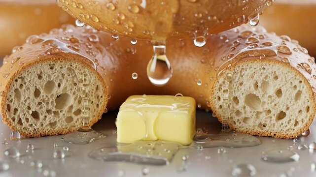 Pouring butter onto sliced bread in a baking scene