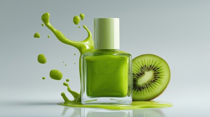 Green nail polish bottle with kiwi and splashes of paint