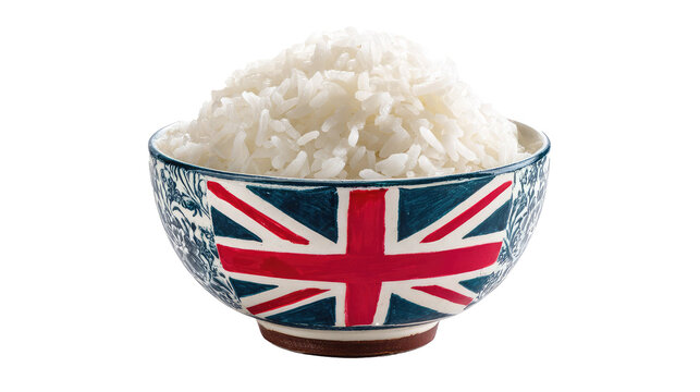 A bowl of white rice with a british flag on transparent background