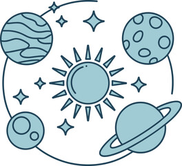 Solar system line icon with sun and planets in orbit
