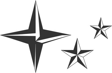 Minimalist black and white star icons with geometric sharp points on white background